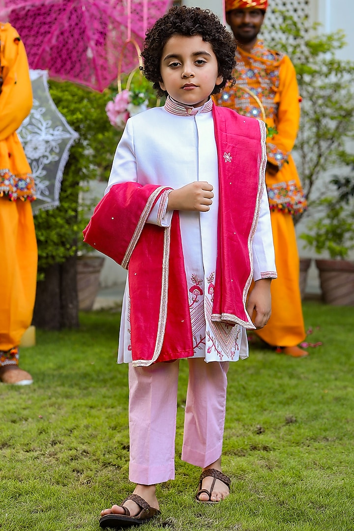 White Embroidered Sherwani Set For Boys by Littleens