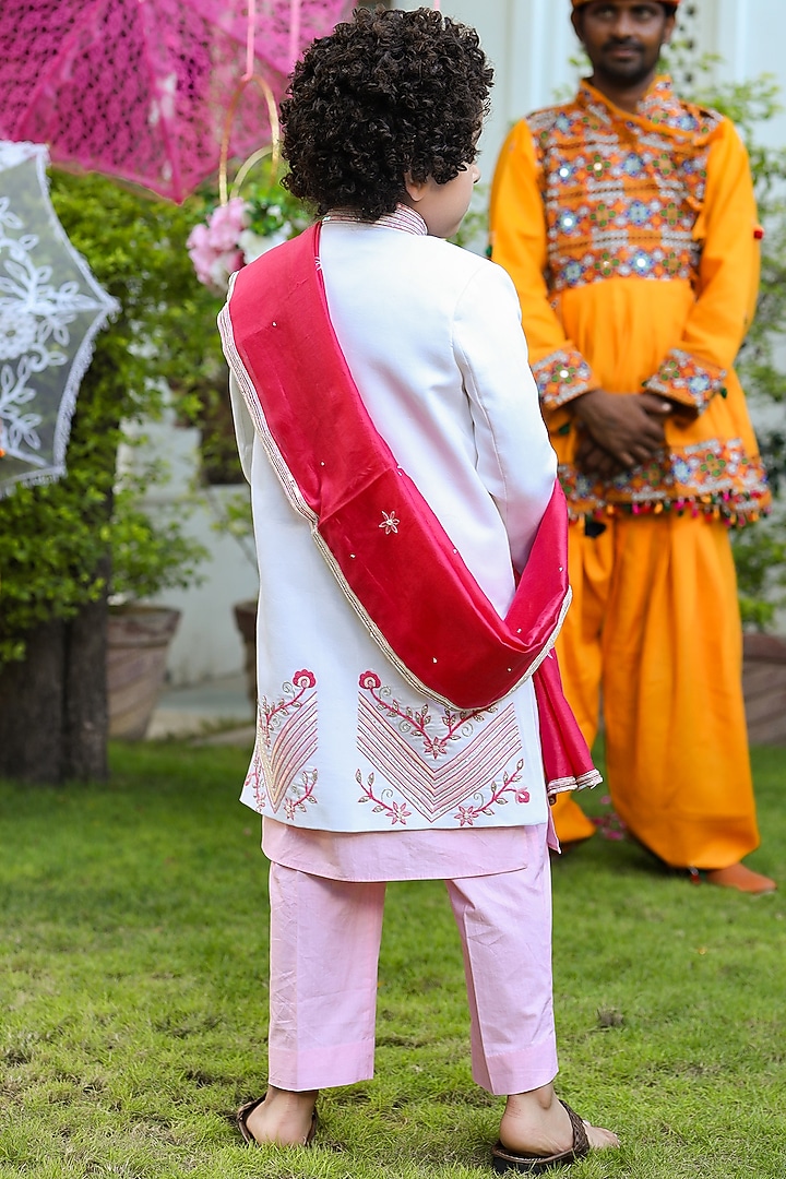 White Embroidered Sherwani Set For Boys by Littleens at Pernia's Pop Up Shop