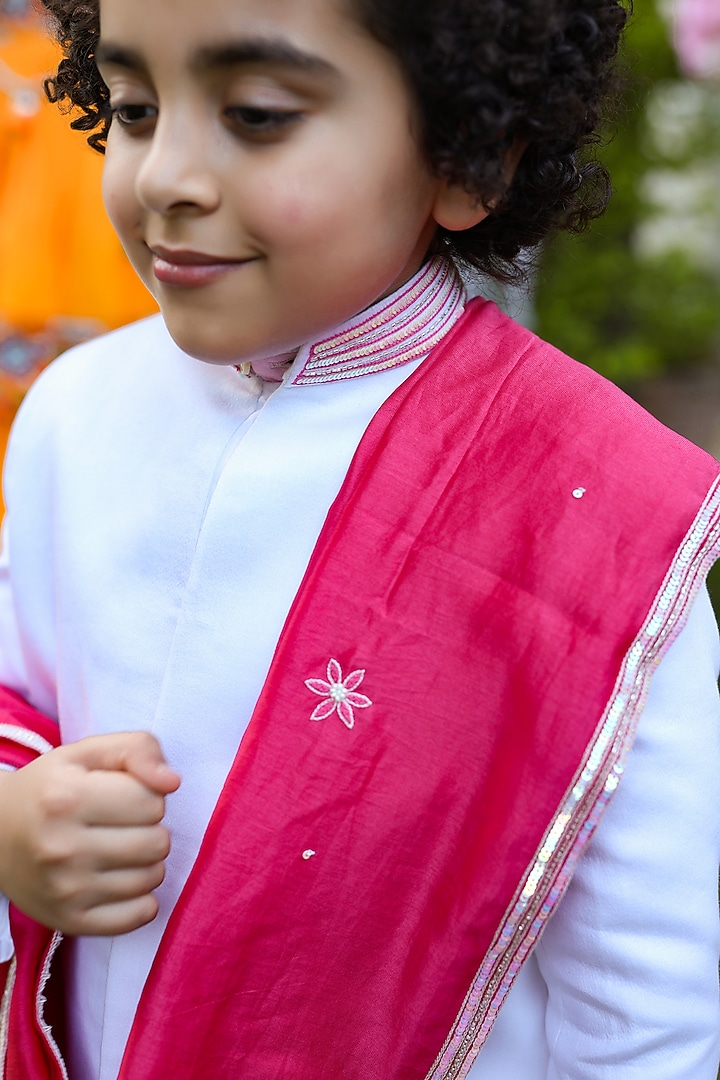 White Embroidered Sherwani Set For Boys by Littleens at Pernia's Pop Up Shop