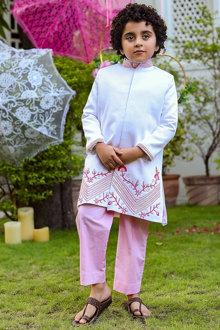 White Embroidered Sherwani Set For Boys by Littleens at Pernia's Pop Up Shop