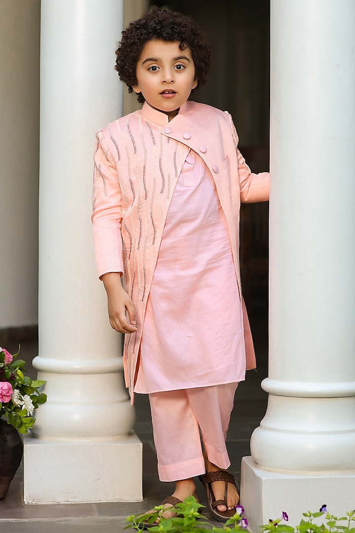 Peach Kurta Set With Embroidered Jacket For Boys by Littleens