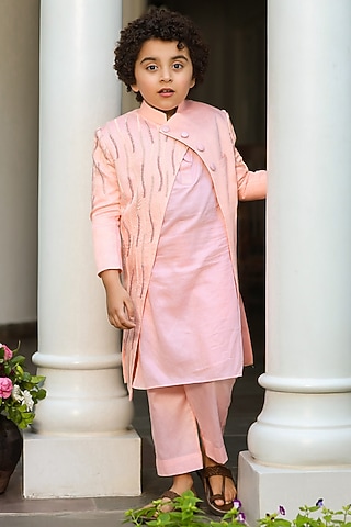 Peach Kurta Set With Embroidered Jacket For Boys by Littleens