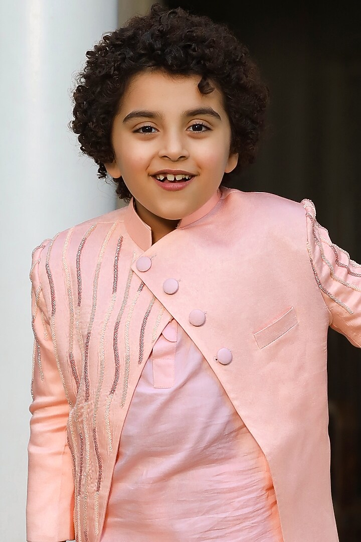 Peach Kurta Set With Embroidered Jacket For Boys by Littleens at Pernia's Pop Up Shop