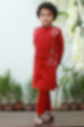 Red Kurta Set With Embroidered Nehru Jacket For Boys by Littleens