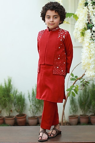 Red Kurta Set With Embroidered Nehru Jacket For Boys by Littleens