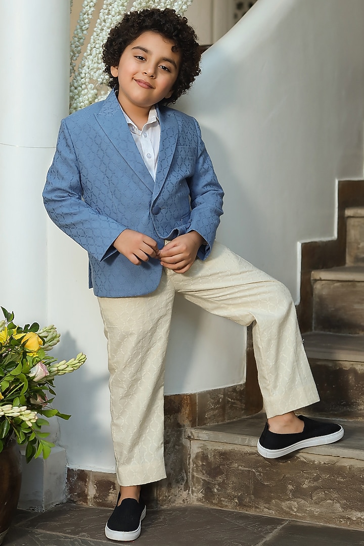 Grey Organic Cotton Dobby Tuxedo Jacket Set For Boys by Littleens at Pernia's Pop Up Shop