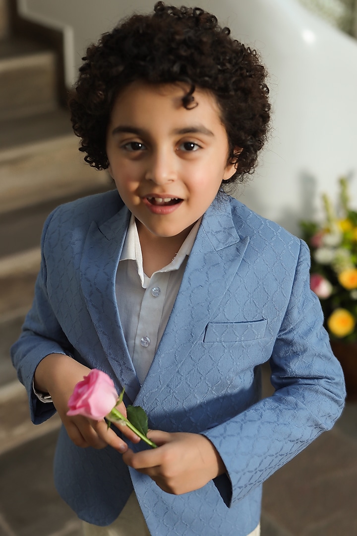 Grey Organic Cotton Dobby Tuxedo Jacket Set For Boys by Littleens at Pernia's Pop Up Shop
