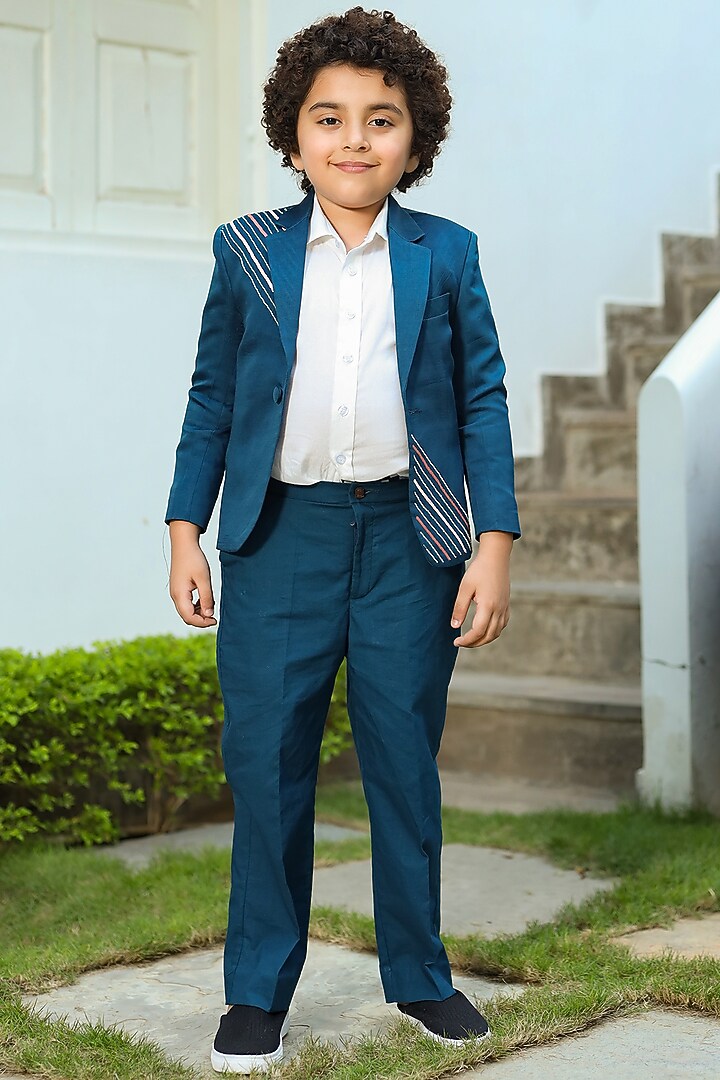 Blue German Satin Tuxedo Jacket Set For Boys by Littleens at Pernia's Pop Up Shop