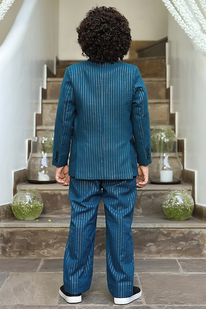 Blue Organic Cotton Lurex Blazer Jacket Set For Boys by Littleens at Pernia's Pop Up Shop