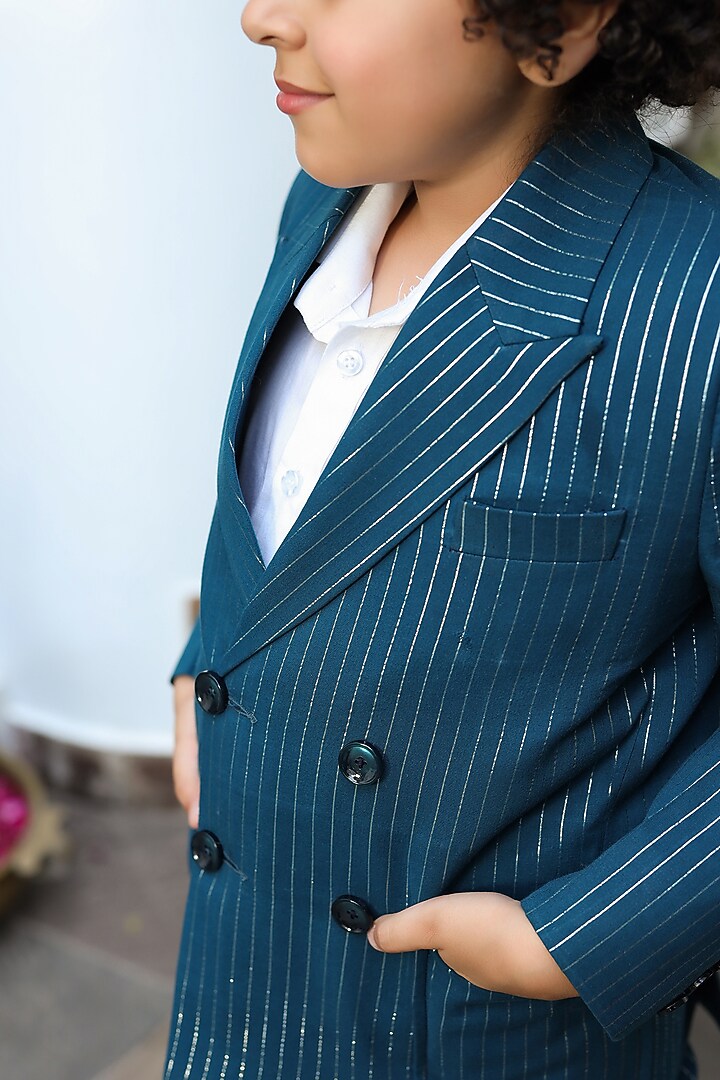 Blue Organic Cotton Lurex Blazer Jacket Set For Boys by Littleens at Pernia's Pop Up Shop
