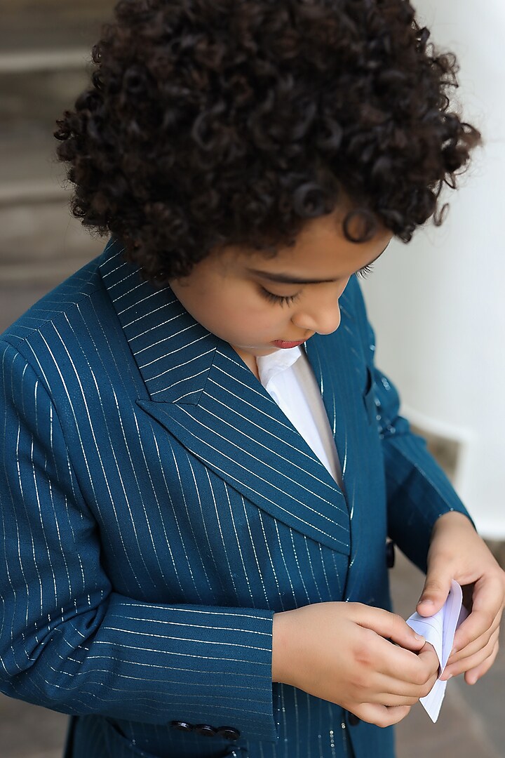 Blue Organic Cotton Lurex Blazer Jacket Set For Boys by Littleens at Pernia's Pop Up Shop