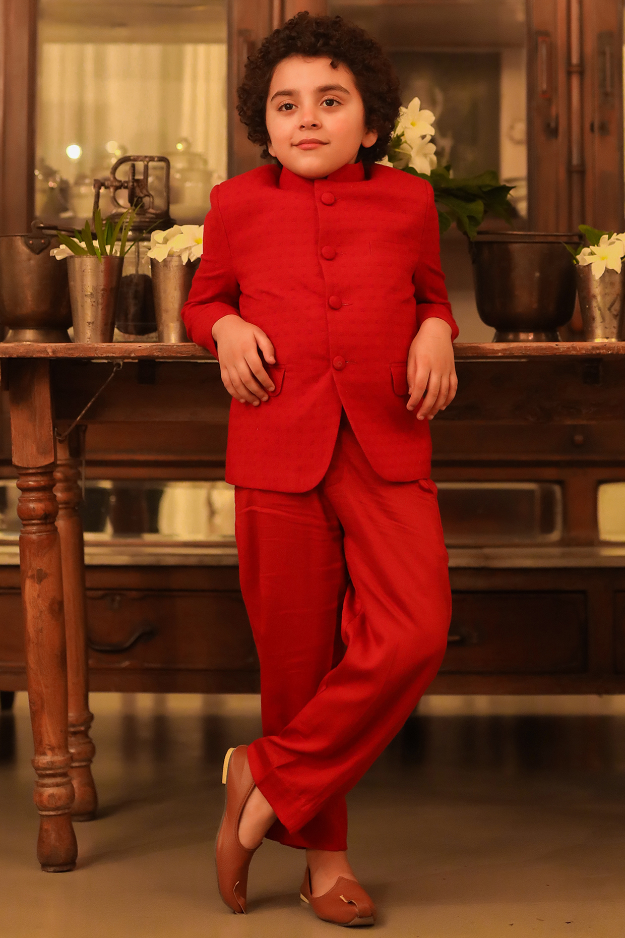 Red Organic Cotton Dobby Tuxedo Jacket Set For Boys by Littleens at Pernia's Pop Up Shop