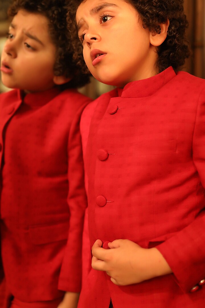 Red Organic Cotton Dobby Tuxedo Jacket Set For Boys by Littleens at Pernia's Pop Up Shop