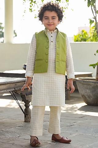 Off White Embroidered Kurta Set With Nehru Jacket For Boys by Littleens