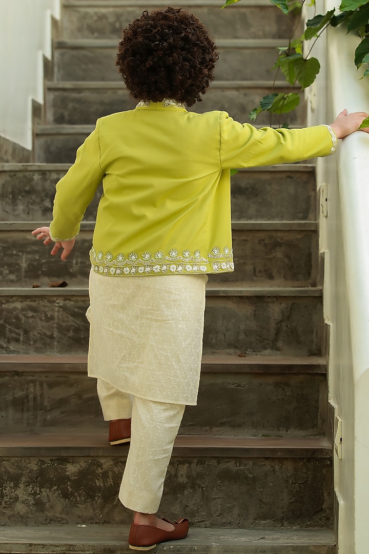 Green HAnd Embroidered Nehru Jacket For Boys by Littleens at Pernia's Pop Up Shop