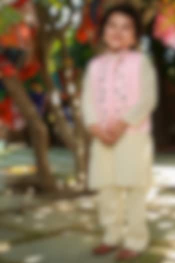 Peach Embroidered Nehru Jacket For Boys by Littleens at Pernia's Pop Up Shop