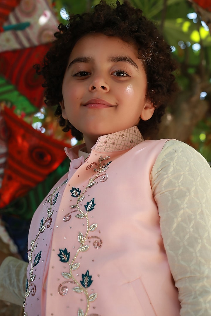 Peach Embroidered Nehru Jacket For Boys by Littleens at Pernia's Pop Up Shop