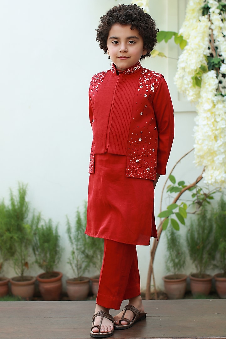 Red Embroidered Nehru Jacket by Littleens