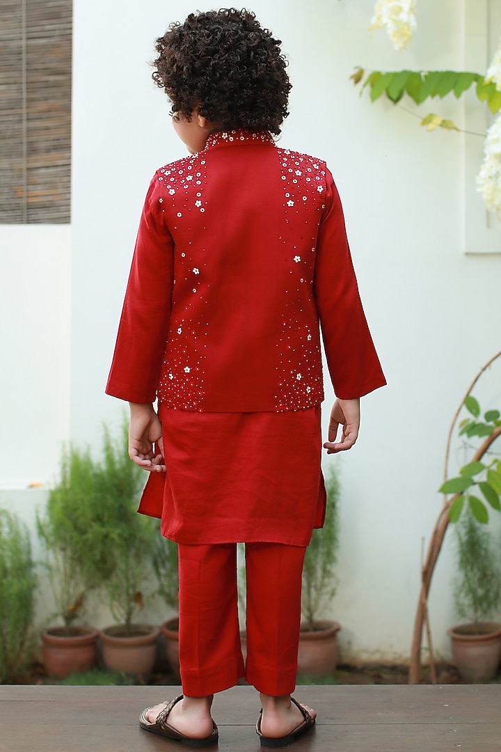 Red Embroidered Nehru Jacket For Boys by Littleens at Pernia's Pop Up Shop
