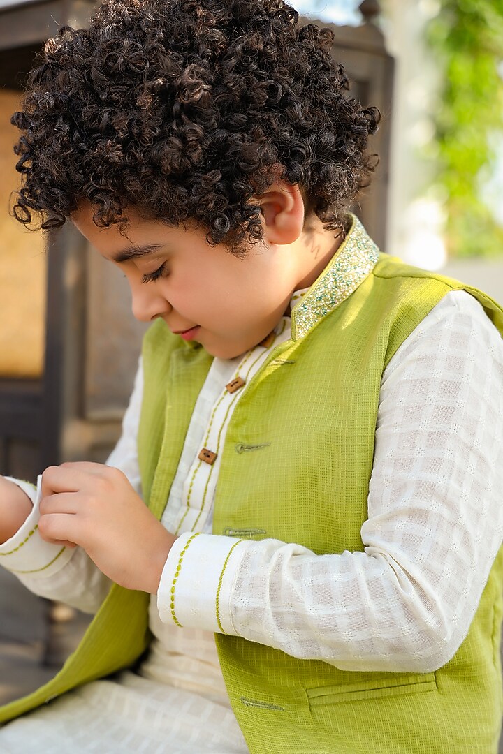 Green Nehru Jacket With Hand Embroidered For Boys by Littleens at Pernia's Pop Up Shop