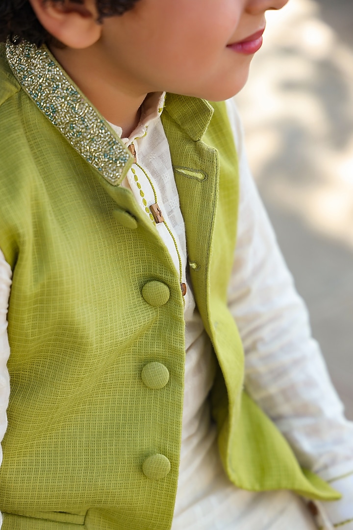 Green Nehru Jacket With Hand Embroidered For Boys by Littleens at Pernia's Pop Up Shop