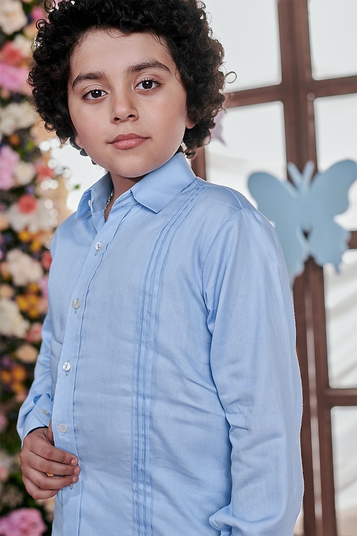 Crystal Blue Vegan Silk Pintucks Shirt For Boys by Littleens at Pernia's Pop Up Shop