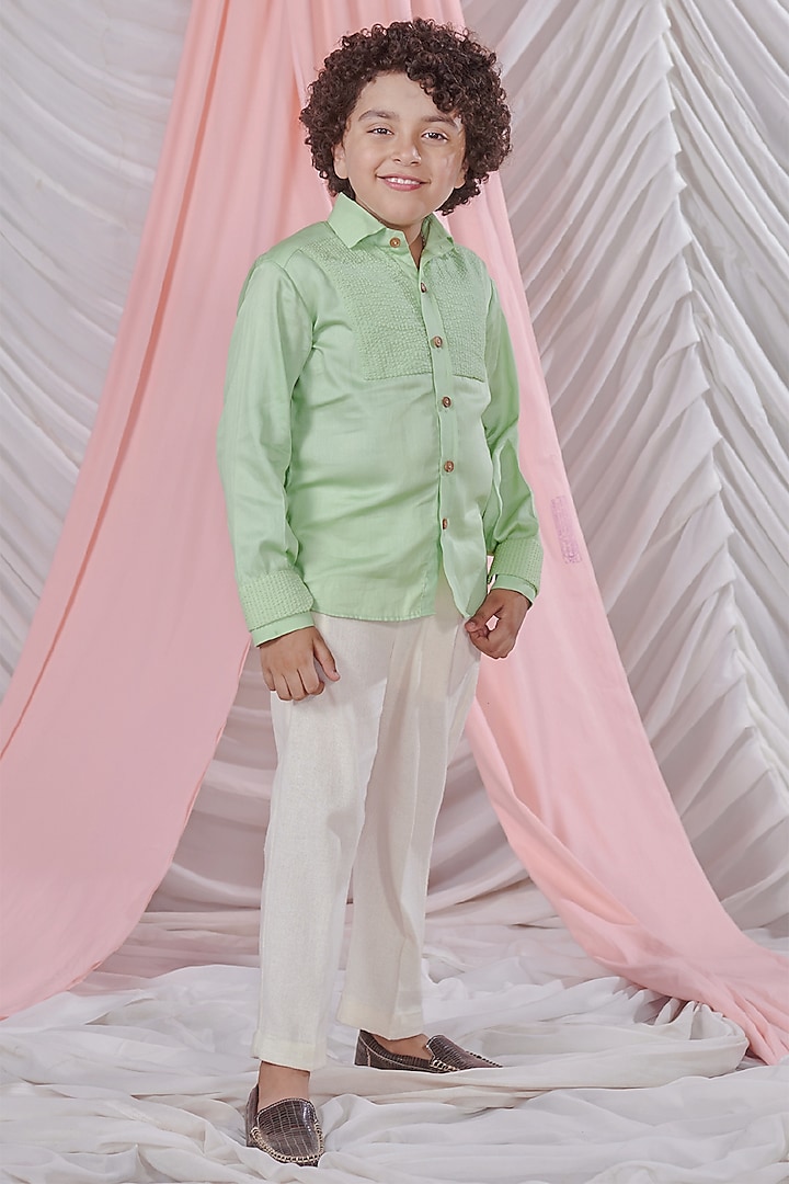 Patina Green Vegan Silk & Cotton Textured Striped Shirt For Boys by Littleens