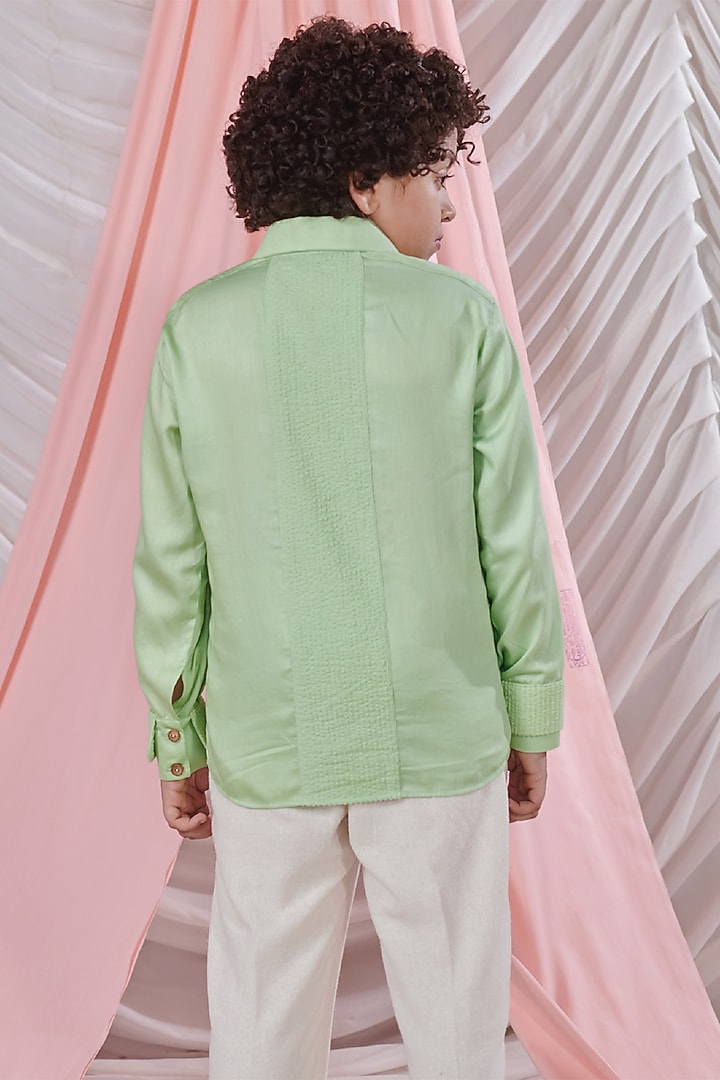 Patina Green Vegan Silk & Cotton Textured Striped Shirt For Boys by Littleens at Pernia's Pop Up Shop