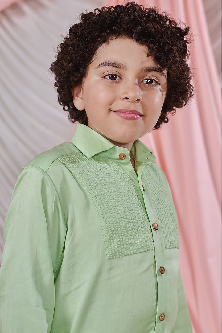 Patina Green Vegan Silk & Cotton Textured Striped Shirt For Boys by Littleens at Pernia's Pop Up Shop