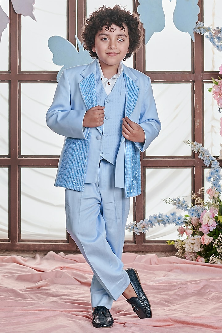 Crystal Blue Vegan Silk & Satin Striped Blazer Set For Boys by Littleens