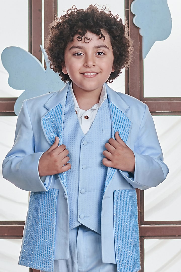 Crystal Blue Vegan Silk & Satin Striped Blazer Set For Boys by Littleens at Pernia's Pop Up Shop
