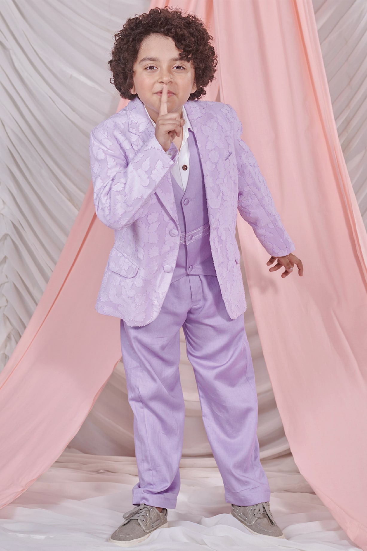 Crystal Lavender Vegan Silk Jacquard Floral Blazer Set For Boys