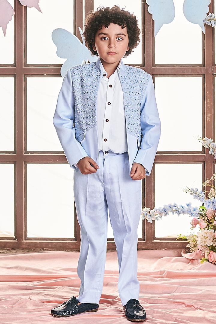 Crystal Blue Vegan Silk & Jacquard Sequins Embroidered Blazer Set For Boys by Littleens