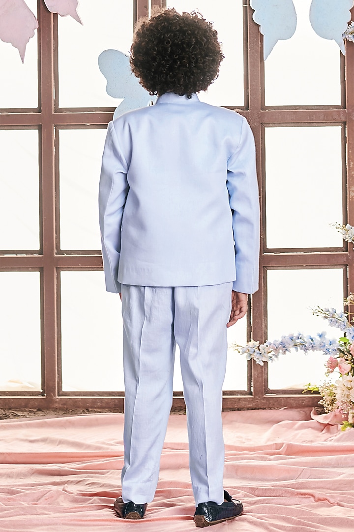 Crystal Blue Vegan Silk & Jacquard Sequins Embroidered Blazer Set For Boys by Littleens at Pernia's Pop Up Shop