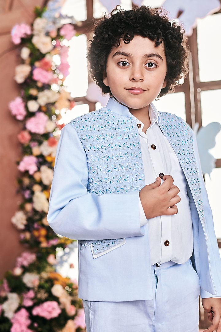 Crystal Blue Vegan Silk & Jacquard Sequins Embroidered Blazer Set For Boys by Littleens at Pernia's Pop Up Shop