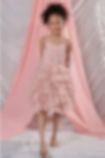 Pastel Pink Vortex Organza Beads Embroidered Layered Dress For Girls by Littleens at Pernia's Pop Up Shop