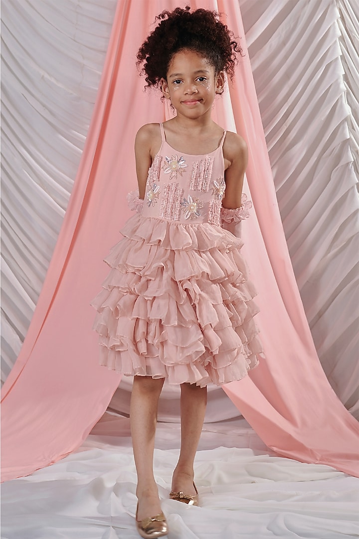 Pastel Pink Vortex Organza Beads Embroidered Layered Dress For Girls by Littleens at Pernia's Pop Up Shop