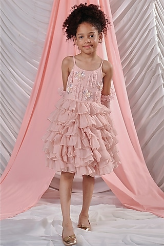 Pastel Pink Vortex Organza Beads Embroidered Layered Dress For Girls by Littleens