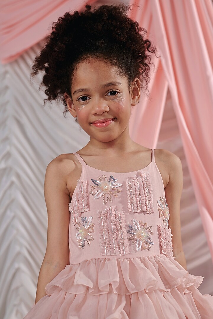 Pastel Pink Vortex Organza Beads Embroidered Layered Dress For Girls by Littleens at Pernia's Pop Up Shop