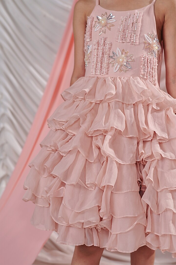 Pastel Pink Vortex Organza Beads Embroidered Layered Dress For Girls by Littleens at Pernia's Pop Up Shop