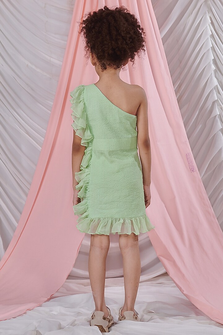 Patina Green Cotton Textured Striped One-Shoulder Dress For Girls by Littleens at Pernia's Pop Up Shop