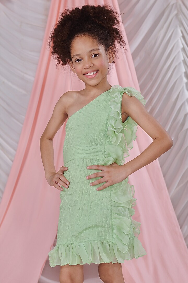 Patina Green Cotton Textured Striped One-Shoulder Dress For Girls by Littleens at Pernia's Pop Up Shop