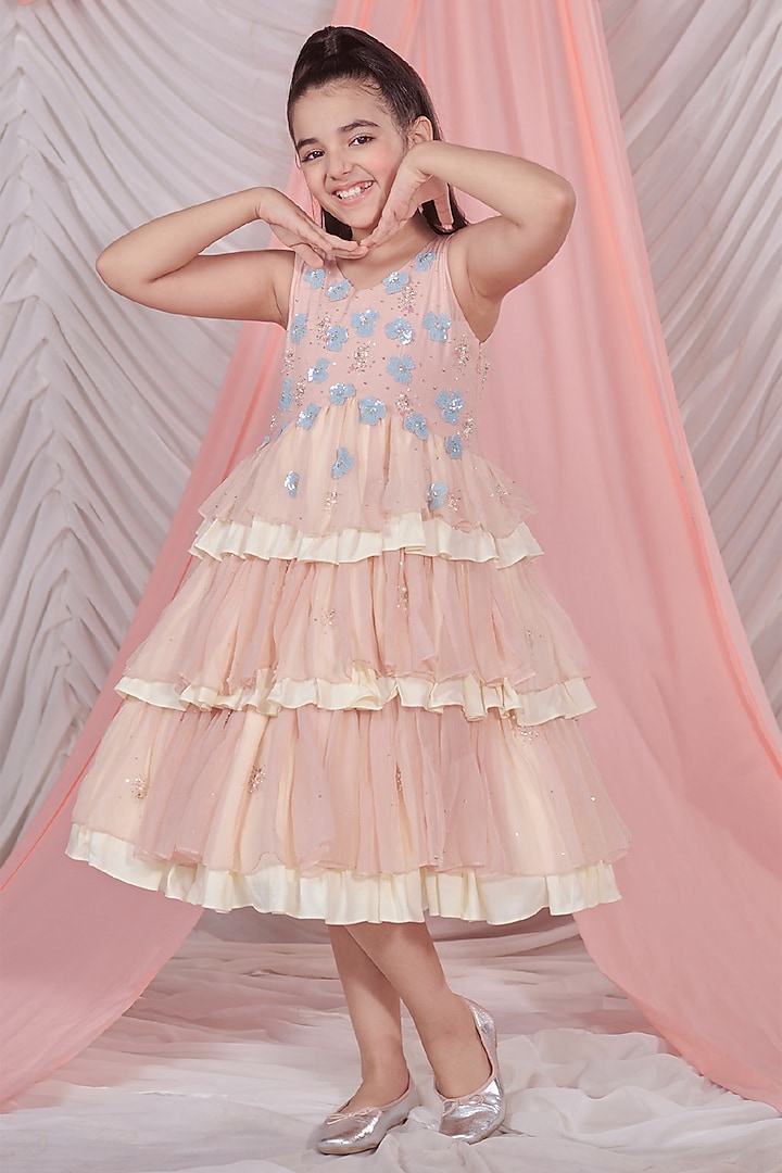 Pastel Pink Vortex Organza Floral Sequins Embroidered Layered Dress For Girls by Littleens at Pernia's Pop Up Shop