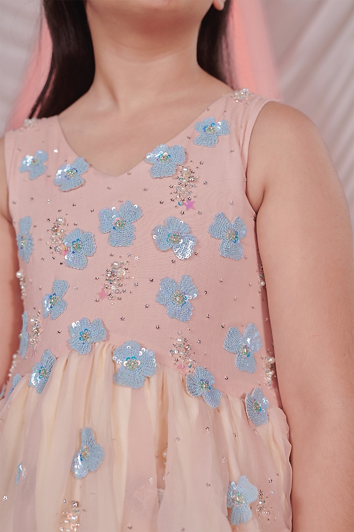 Pastel Pink Vortex Organza Floral Sequins Embroidered Layered Dress For Girls by Littleens at Pernia's Pop Up Shop