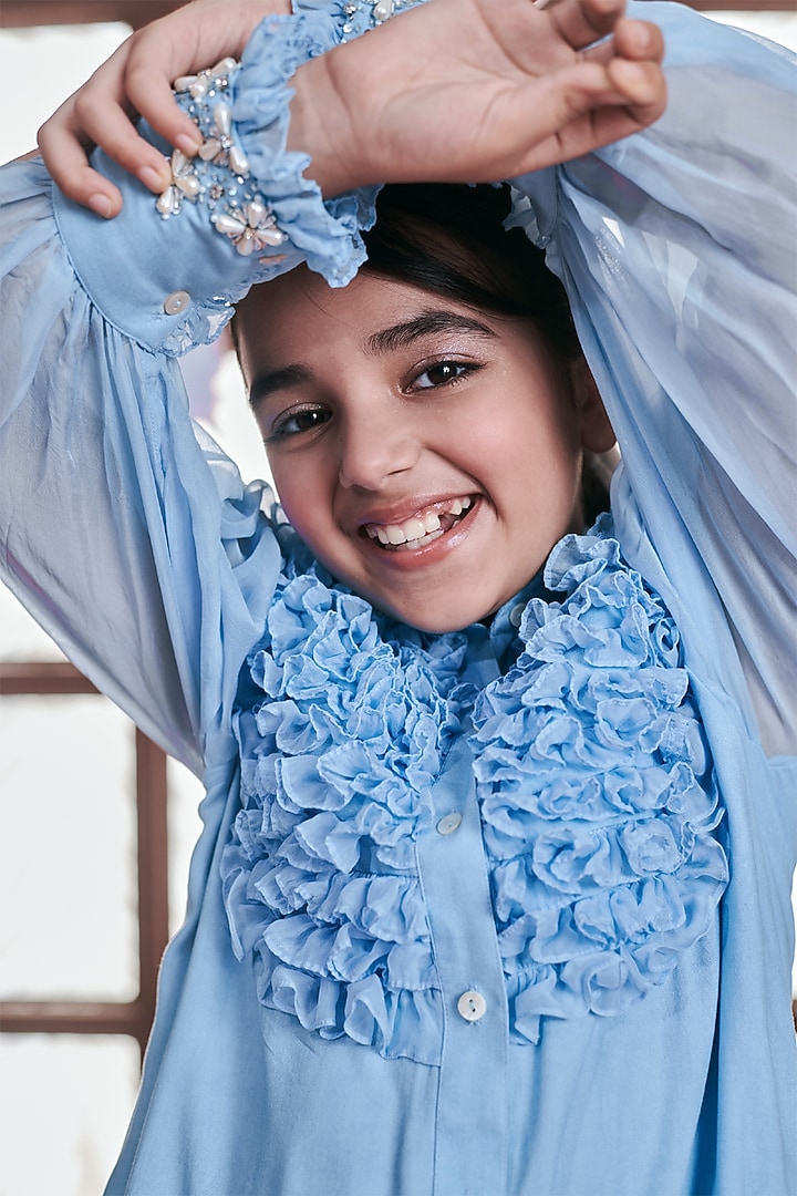 Crystal Blue Organza Vortex Stones Embroidered Shirt Dress For Girls by Littleens at Pernia's Pop Up Shop