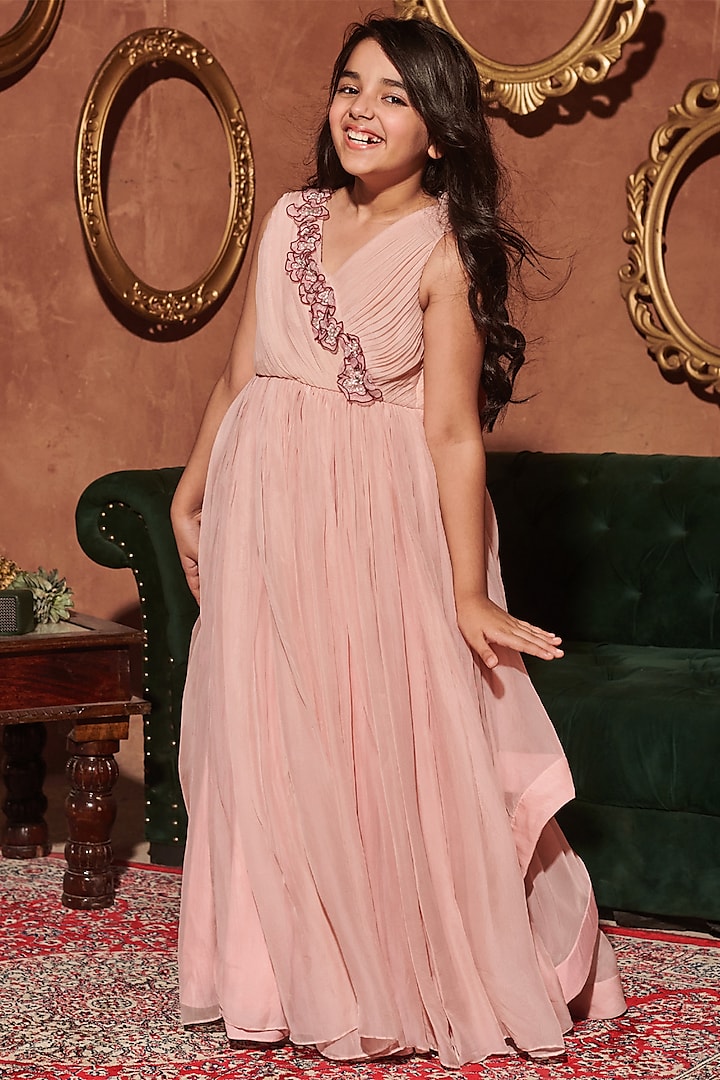 Pastel Pink Organza Vortex Floral Applique Hand Embroidered Gathered Gown For Girls by Littleens at Pernia's Pop Up Shop