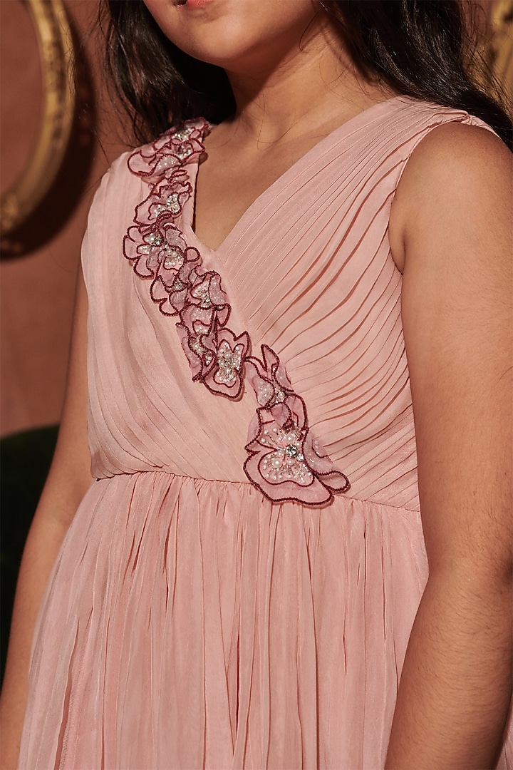 Pastel Pink Organza Vortex Hand Embroidere Gathered Gown For Girls by Littleens at Pernia's Pop Up Shop