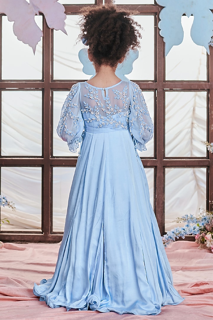 Crystal Blue German Satin Pearl Hand Embroidered Gathered Gown For Girls Design by Littleens at Pernia's Pop Up Shop 2026 Crystal Blue German Satin Pearl Hand Embroidered Gathered Gown For Girls Design by Littleens at Pernia's Pop Up Shop 2026