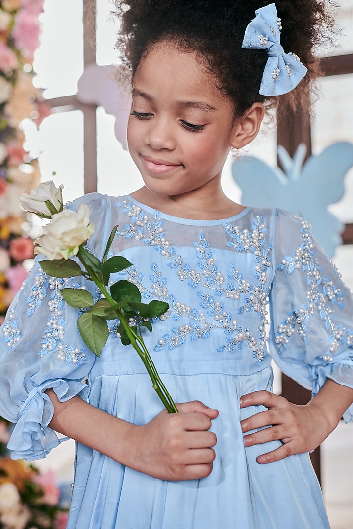 Crystal Blue German Satin Pearl Hand Embroidered Gathered Gown For Girls by Littleens at Pernia's Pop Up Shop