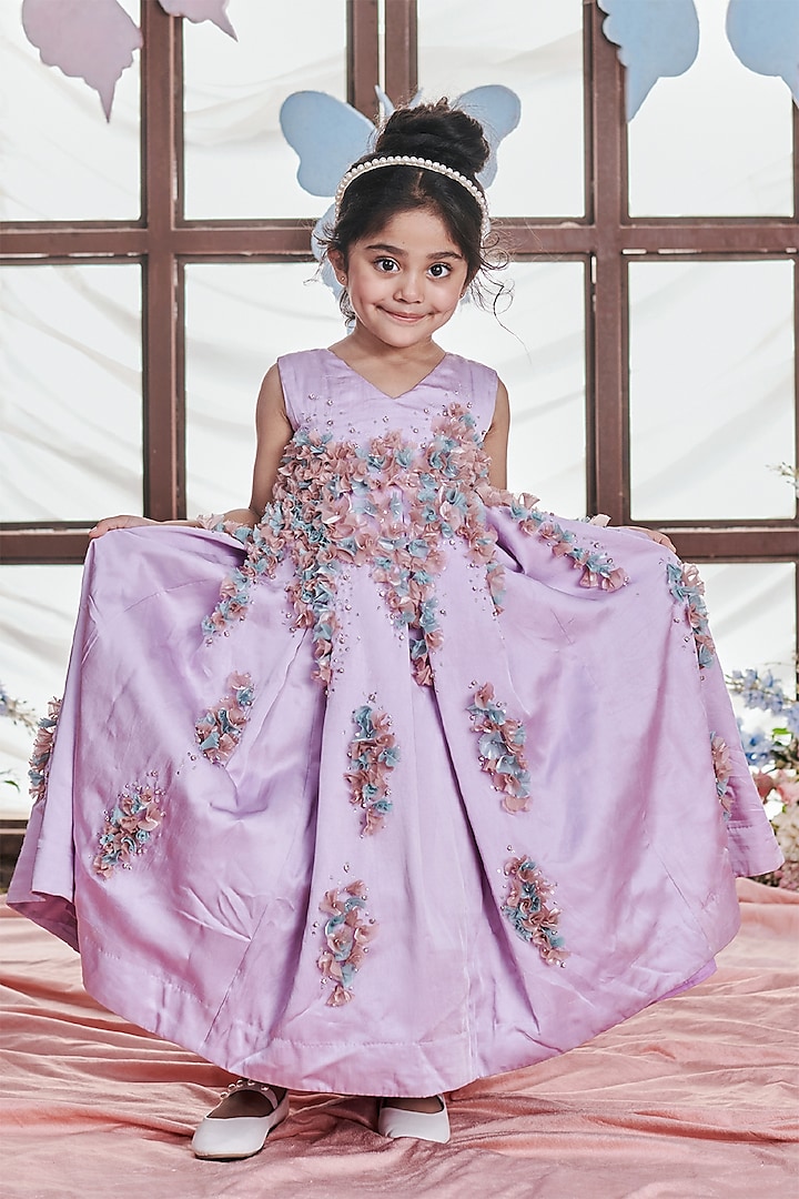 Crystal Lavender German Satin Floral Embellished Pleated Gown For Girls by Littleens
